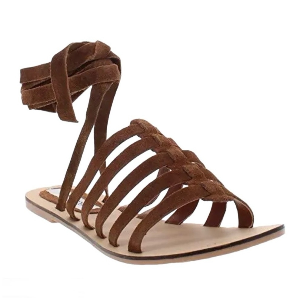 Steve Madden Hera Brown Leather Open Toe Strappy Flat Sandal Women's